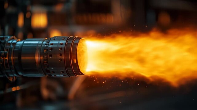 A powerful jet engine releases bright flames during a test in an industrial setting, symbolizing aviation technology, power, energy, engineering, and the raw force of mechanical innovation in motion.
