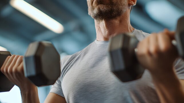 Realistic photo of man lifting weights in modern gym