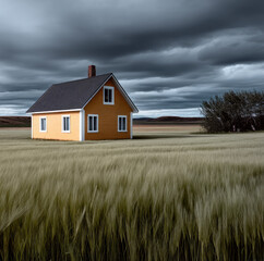 Obraz premium Small yellow house, isolated in vast green field under dramatic cloudy sky, peaceful rural landscape, countryside solitude
