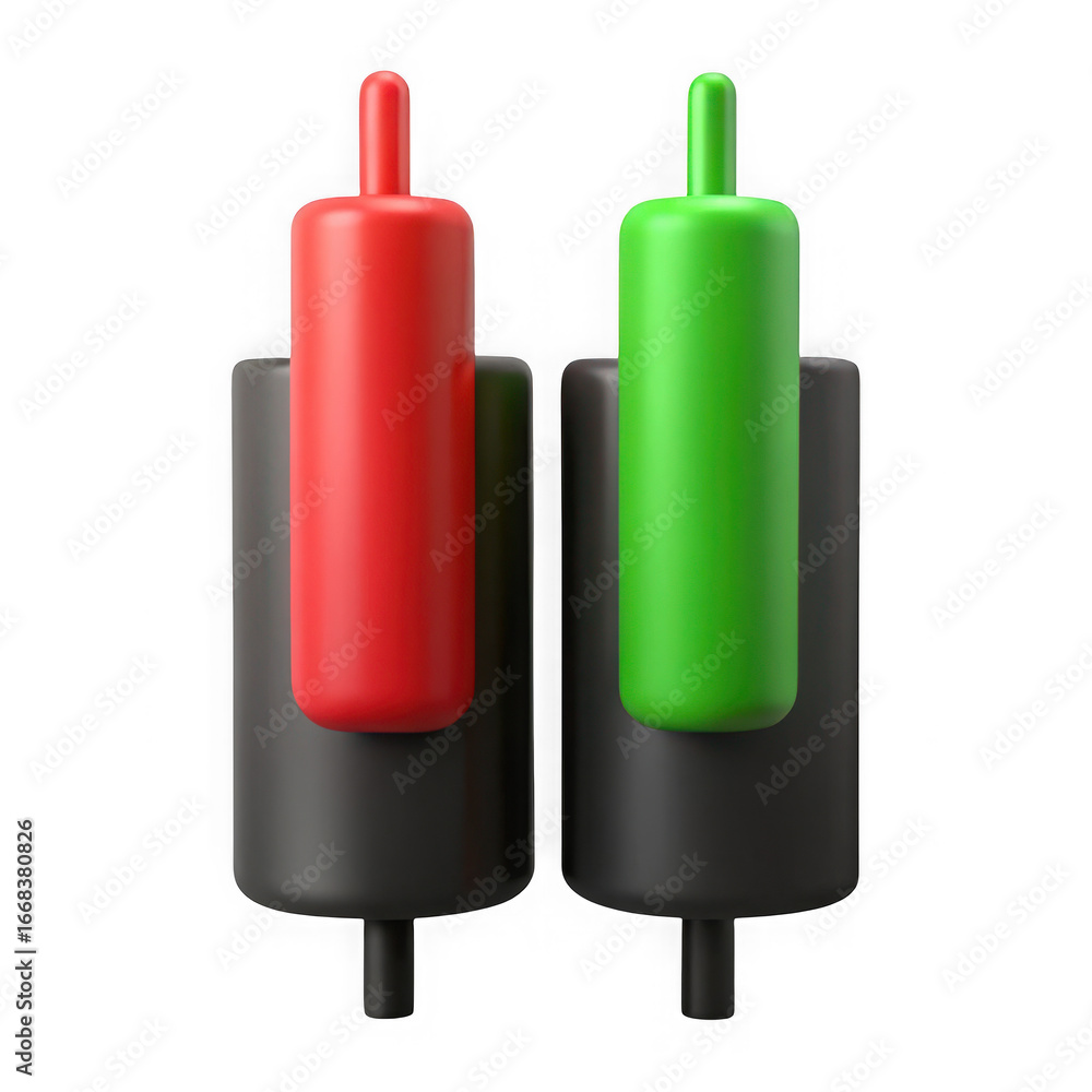 Poster two 3d rendered candlestick charts in red and green on black background finance stock isolated on a 