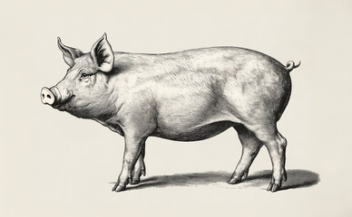 Pig, hog, boar. Vintage retro print, black white pig sketch ink pencil style drawing, linear drawing, engrave old school. Sketch artwork silhouette pig, hog, boar. Side view profile. Illustration