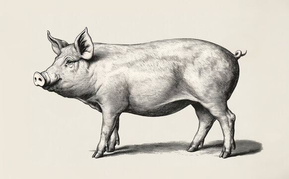 Pig, hog, boar. Vintage retro print, black white pig sketch ink pencil style drawing, linear drawing, engrave old school. Sketch artwork silhouette pig, hog, boar. Side view profile. Illustration