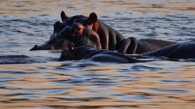 Hippopotamuses Move Smoothly Within Kafue River Currents SLOW MOTION 8K RESOLUTION - Mature hippos and young one swim peacefully in the still waters of the Zambian Kafue River, their enormous bodies 