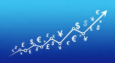 Global currency symbols on a growth chart upward trend. Financial investment and exchange rate increase concept.