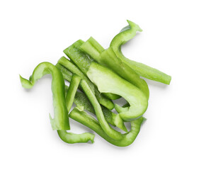 Pieces of green bell pepper on white background