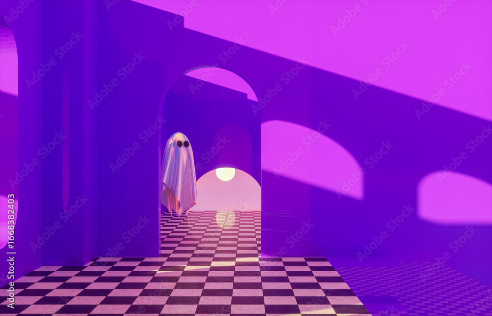 Poster surreal halloween scene with cute ghost in dreamlike architecture. 3d rendering.