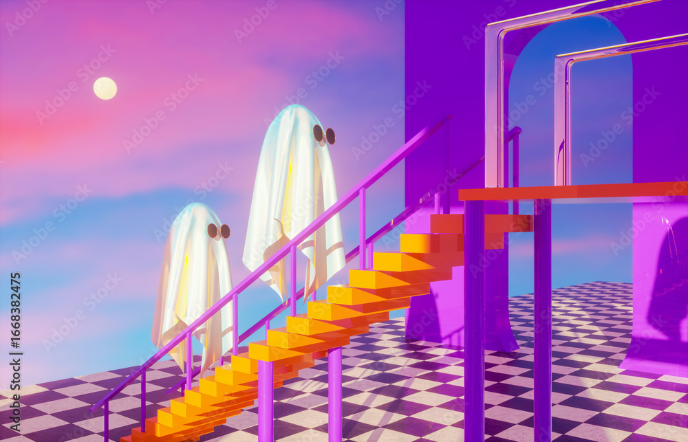 Poster surreal halloween scene with cute ghost in swimming pool. 3d rendering.