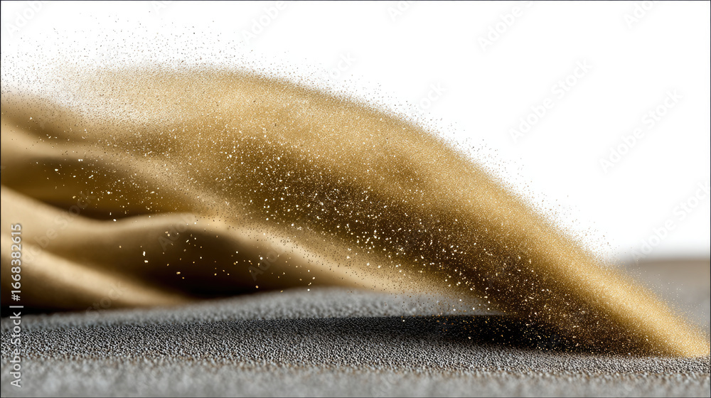Aufkleber golden dust flows in dynamic wave, fine particles suspended in air, creating soft, abstract motion a