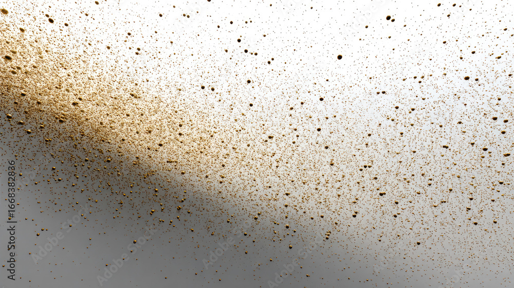 Poster golden dust particle scatter, abstract background with thin golden powder floating in air, side view