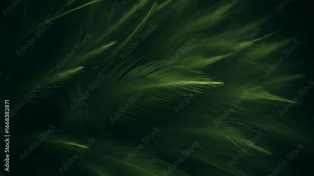Poster greentoned feathers with a dark blurred background creates a textured abstract visual