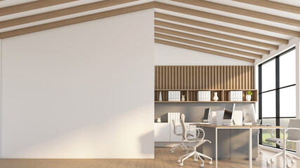 Empty room with office desk and chair set, wooden slat wall and built-in wooden cabinet. 3d rendering
