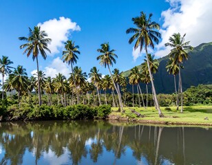 Obraz premium A tranquil tropical landscape with lush vegetation and towering palm trees lining a calm river reflecting the vibrant blue sky.
