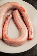 Raw rock eel fish rock salmon shark seafood small-spotted catshark tasty snack fresh delicious gourmet food background on the table rustic top view copy space pescetarian diet