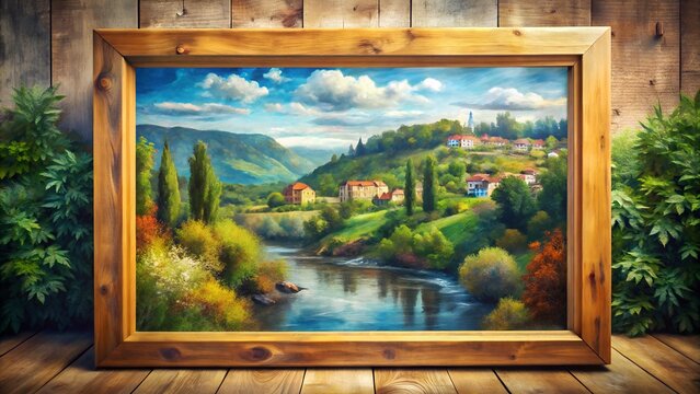 Picturesque countryside village nestled in a valley with a river and rolling hills