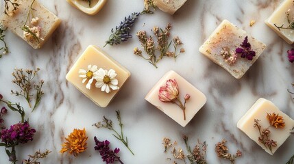 Handmade soaps with dried flowers and herbs on a marble surface.