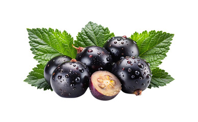 Fresh and Juicy Black Currants with Green Leaves on White Background