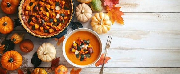 Delicious autumn meal featuring stuffed pumpkins- squash- sweet potato soup- and pumpkin pie on a white wooden table.