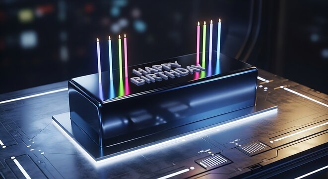 Futuristic Happy Birthday Cake Display.