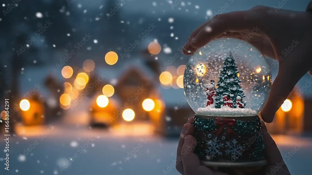 Poster hands hold a snow globe with a tree and snowman inside set against a blurred winter background with 