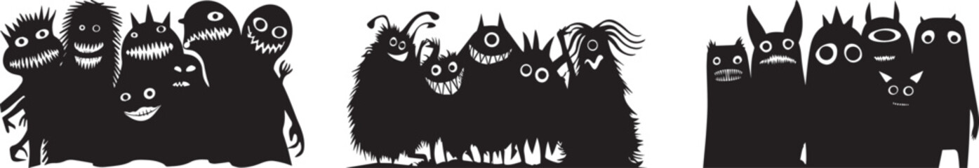 Spooky halloween cartoon monsters silhouette vector illustration clip art for graphic design and decoration