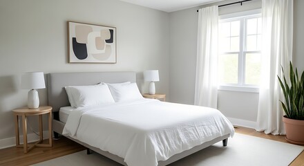 Serene bedroom interior showcasing minimalist aesthetics with natural light and contemporary decor
