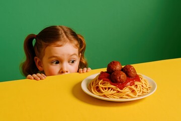 Little Girl Peeks Over Table, Anticipating Delicious Spaghetti and Meatballs, set against a vibrant green backdrop with yellow table.