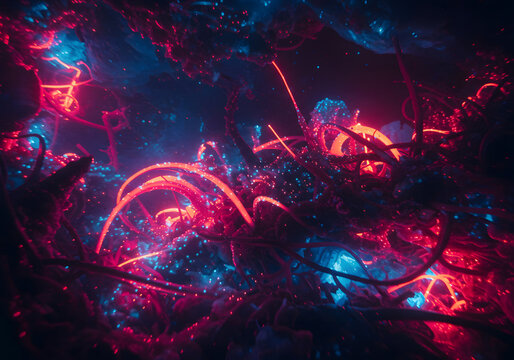 An abstract network of glowing red and blue tendrils intertwines in a dark, complex, and textured environment. - Powered by Adobe