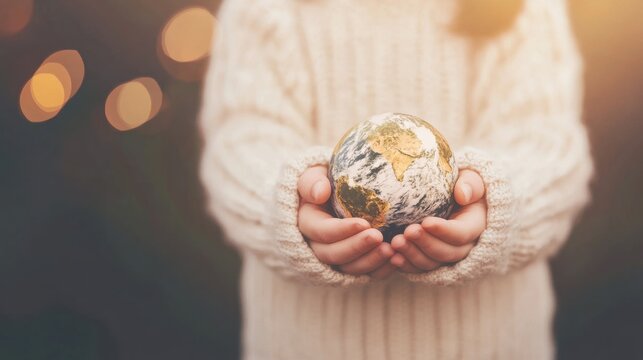 Child holding a globe with care while wearing a warm sweater outdoors - Powered by Adobe
