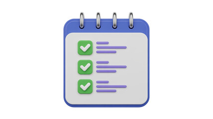 A 3D rendered illustration of a white planner page with a blue header and silver spiral binding. Transparent background.