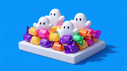 Obraz premium Halloween ghost candy decor with colorful wrapped sweets on white tray against blue background creating festive mood