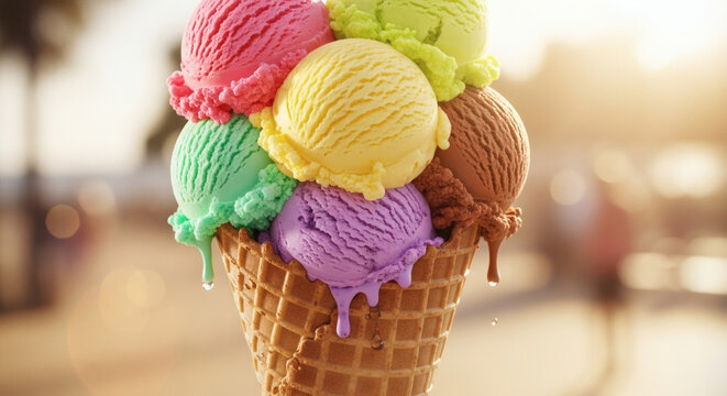 Close up of a waffle cone filled with multiple colorful scoops of ice cream melting in the sunlight