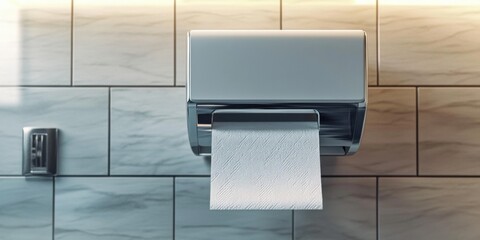Close-up of a paper towel dispenser in a restroom- promoting cleanliness with an extended sheet.