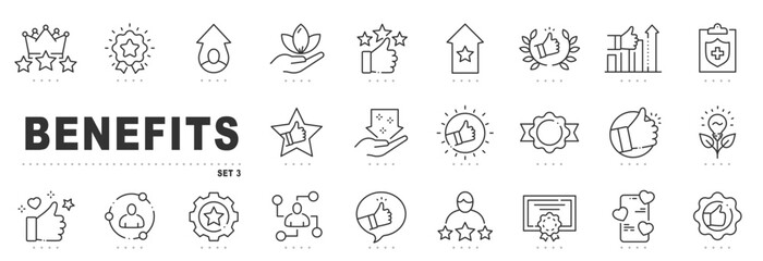 Benefits icon set featuring rewards, bonuses, incentives, awards, quality approval, loyalty membership, wellness, insurance protection, rating vector outline, editable stroke