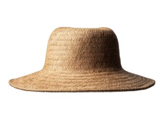 Woven straw sun hat with wide brim against black background