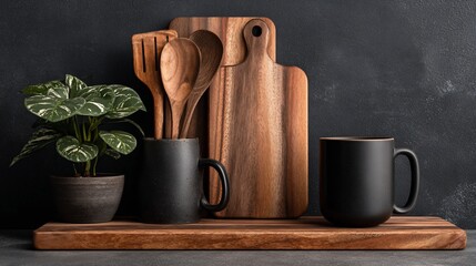 Kitchen still life with wood, plant, & mugs against a dark wall
