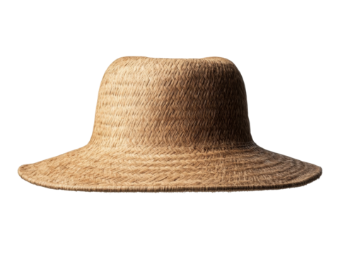 Woven straw sun hat with wide brim against black background