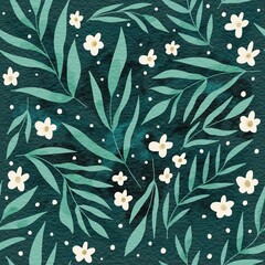 Hand-drawing floral pattern with white blossoms and teal leaves on deep green; gouache look, textured watercolor paper, seamless design.
