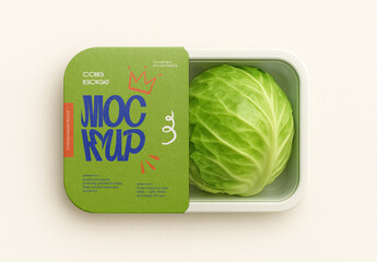Food Tray Packaging Mockup – Realistic Fresh Cabbage Container with Label Design