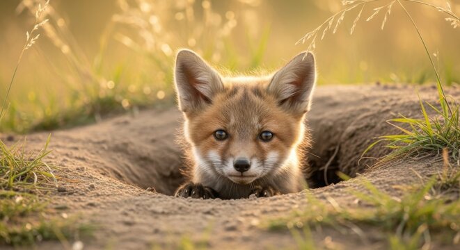 A young fox peering out from its den in a field of grass during golden hour light outdoors nature scene