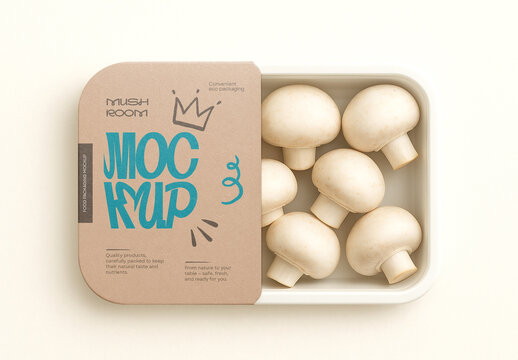 Food Tray Packaging Mockup &ndash; Realistic Fresh Mushroom Container with Label Design