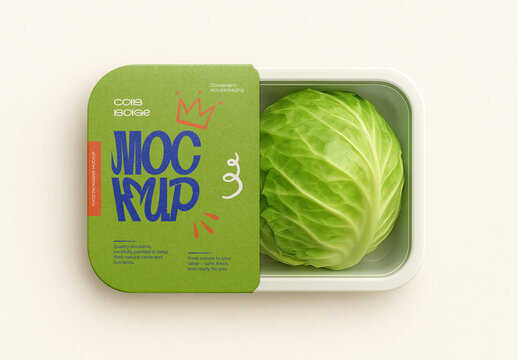 Food Tray Packaging Mockup &ndash; Realistic Fresh Cabbage Container with Label Design