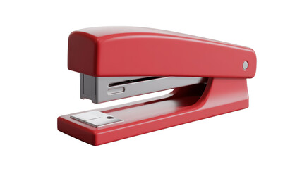 A 3D rendered image of a classic red stapler on a transparent background.