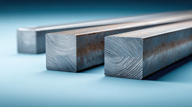 Square steel bar metallic texture clean surface industrial material construction supply modern blue background strong durable