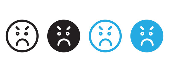 Angry Face Icons. Black and Blue Emotion Symbols for Mood Tracking & UI Design.