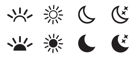 Day And Night Icon Set. Sunrise, Sun, Moon & Night Symbols in Minimal Style for UI, Weather & Scheduling Apps.