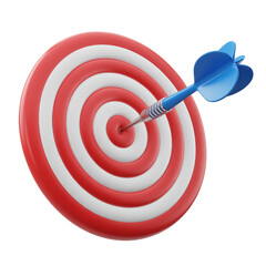 A 3D rendered image of a red and white concentric target with a blue dart hitting the center bullseye. Isolated on transparent background.