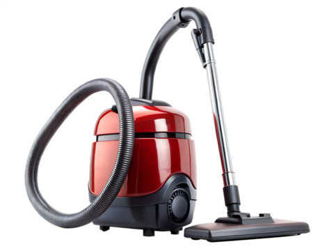 Red canister vacuum cleaner with hose and floor nozzle isolated on transparent background