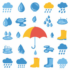 Collection of rainy day icons including umbrella, boots, and water drops.