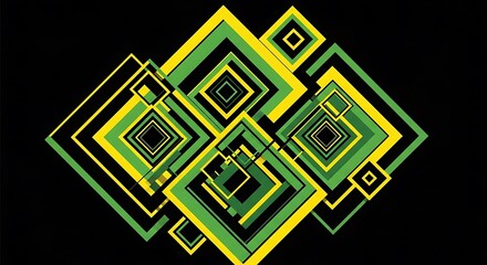 Abstract design of overlapping squares and rectangles in vibrant green and yellow.