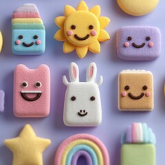 Pastel Kawaii Icons Grid: Smiling Cute Characters
